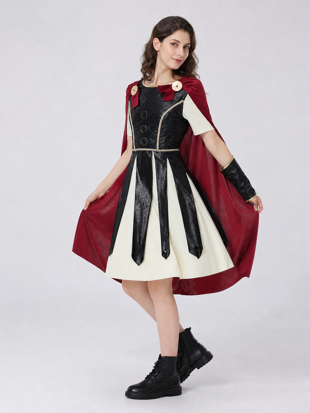 Retro-Style Dress with Red Cape