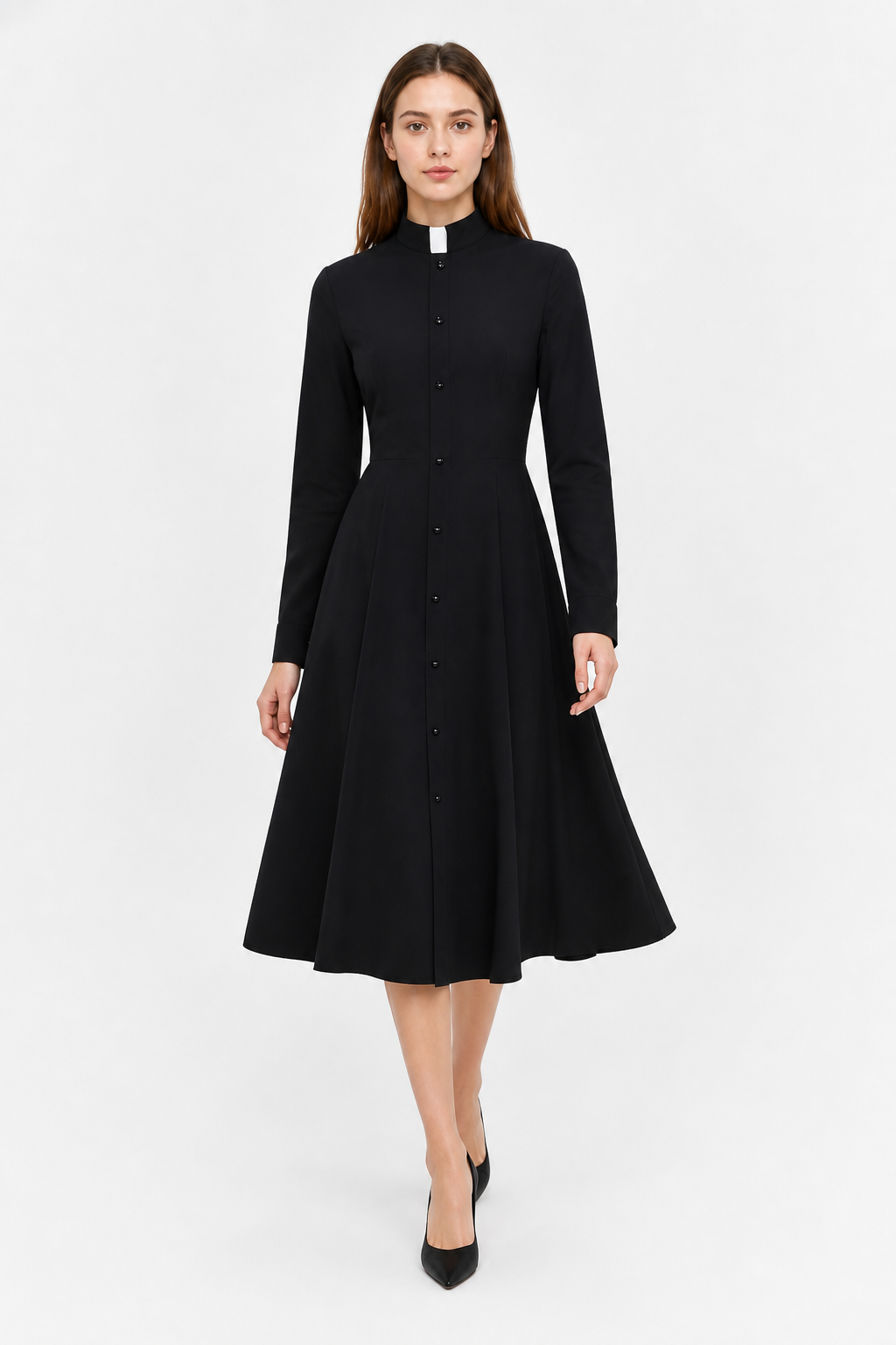 Black Button-Front Dress with Stand Collar for Cosplay