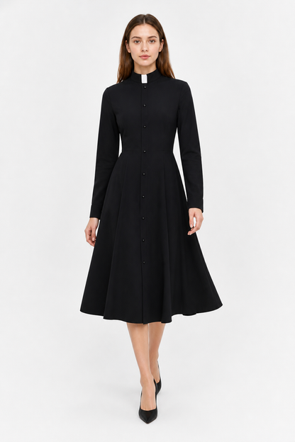 Black Button-Front Dress with Stand Collar for Cosplay