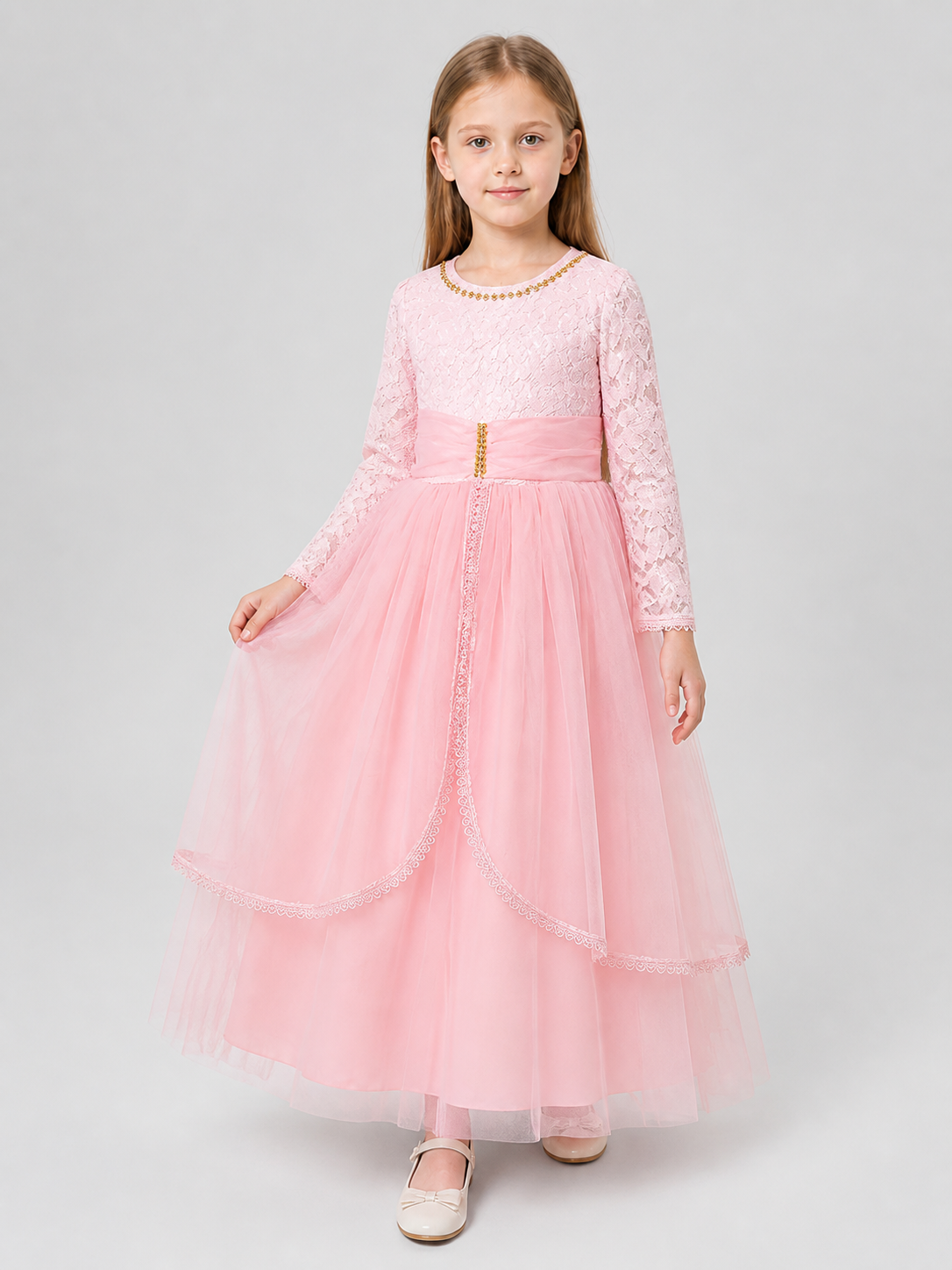 Girls' Pink Lace Dress with a Full Skirt