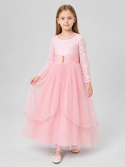 Girls' Pink Lace Dress with a Full Skirt