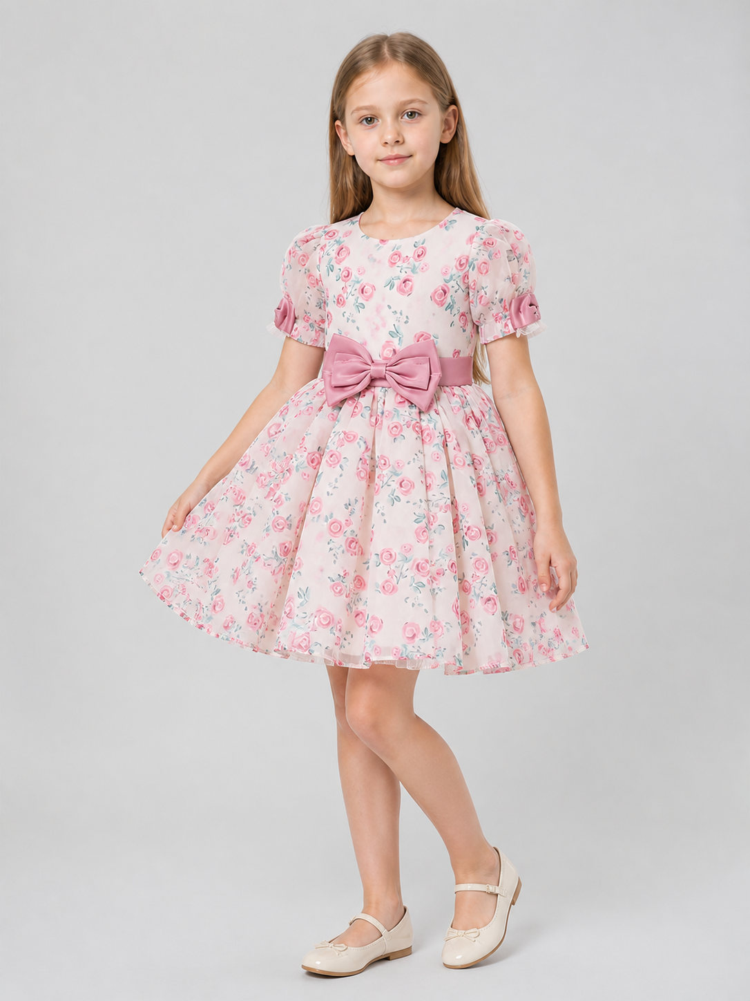 Dressy “Princess” Dress with Floral Print and Bow