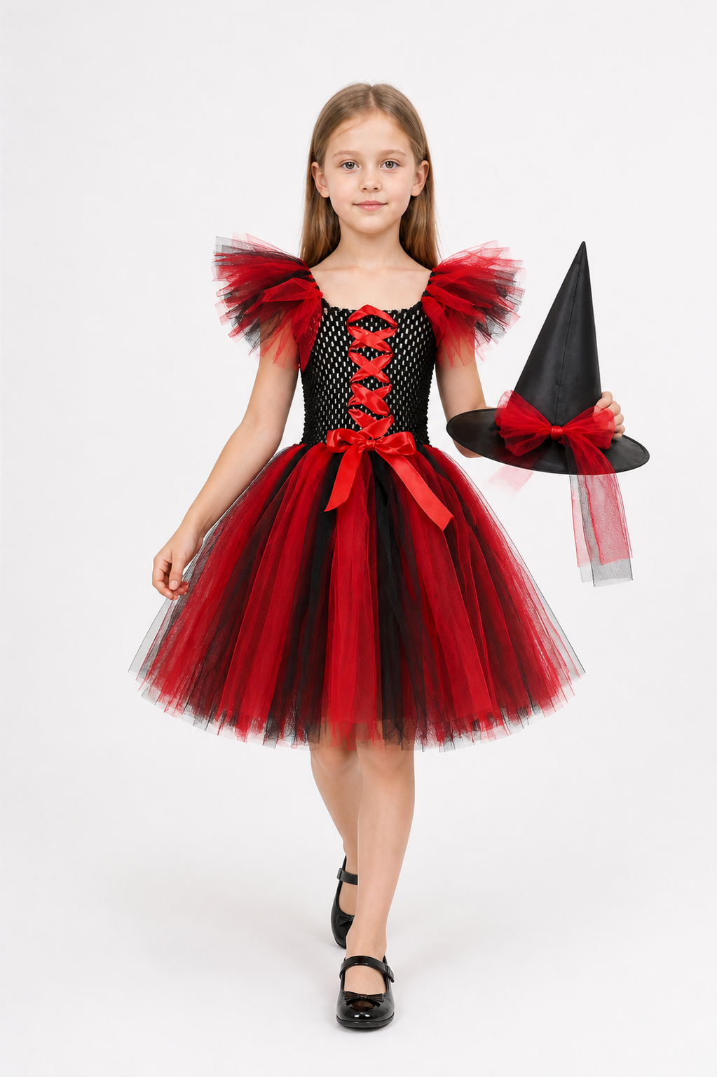 Red and Black Witch Costume with Hat and Full Skirt Costume Headwear detail 2