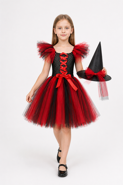 Red and Black Witch Costume with Hat and Full Skirt Costume Headwear detail 2