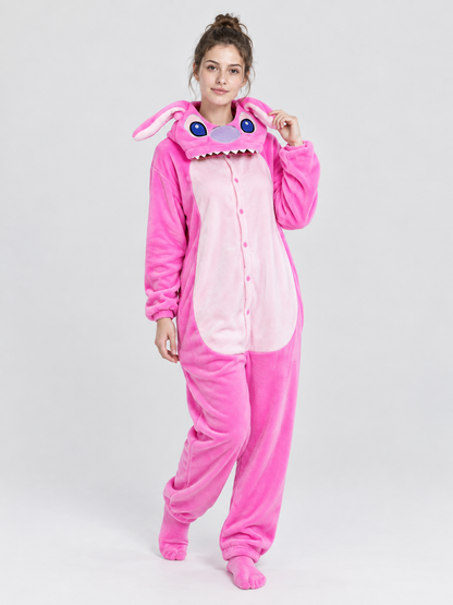 Pink Fleece Hooded Pajama Jumpsuit with Ears