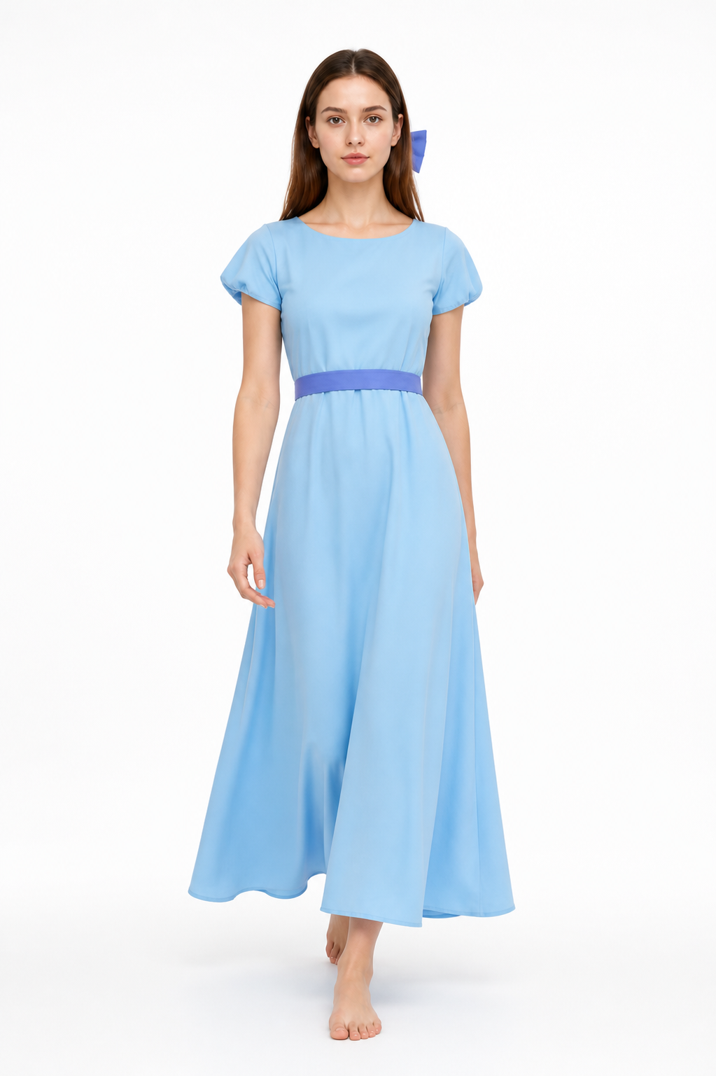 Long Light Blue Dress with Belt and Ties Costume Dresses detail