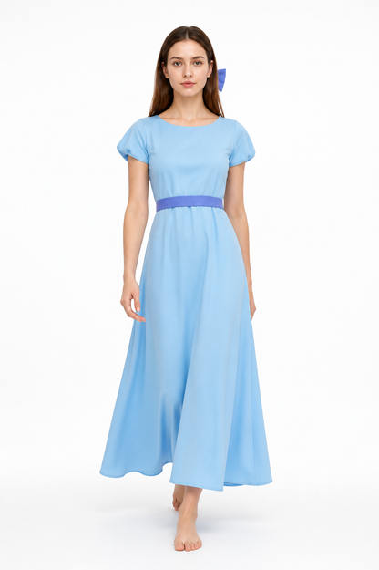 Long Light Blue Dress with Belt and Ties Costume Dresses detail