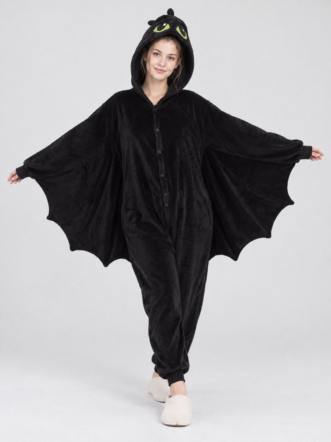 Black Fleece Hooded Pajama Jumpsuit with Wings