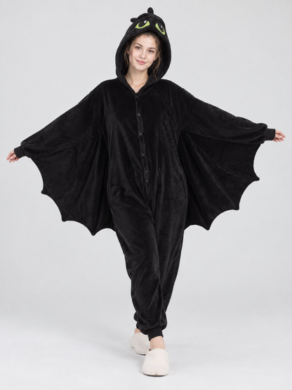 Black Fleece Hooded Pajama Jumpsuit with Wings