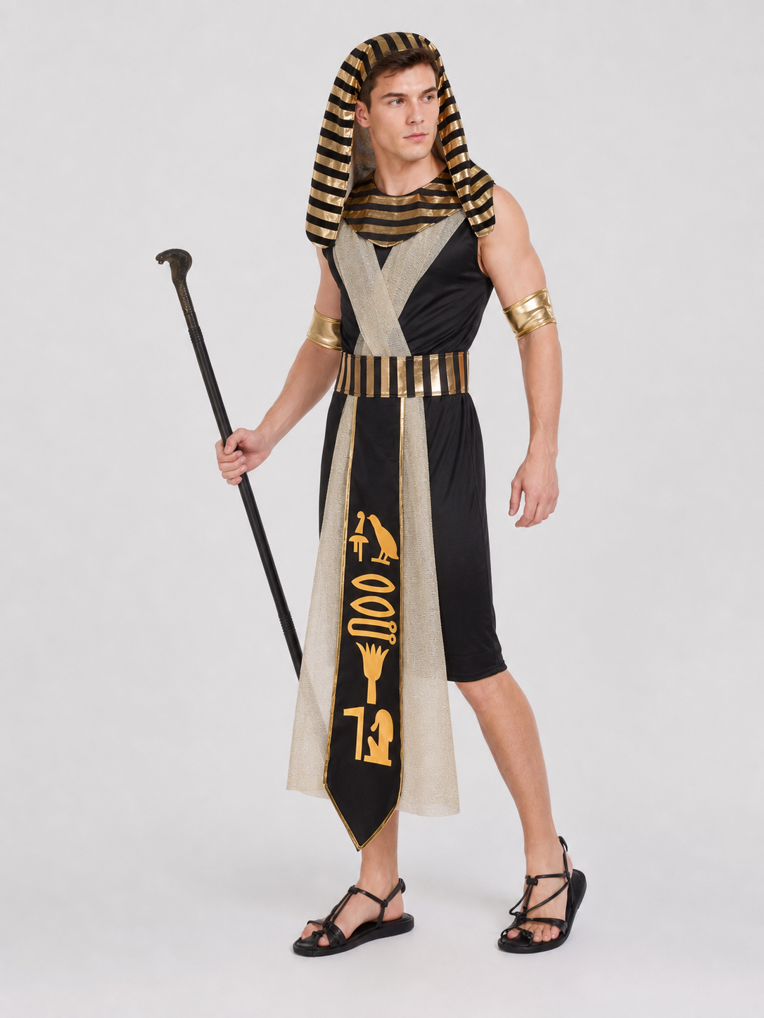 Pharaoh Costume with Nemes Headdress and Golden Hieroglyphs