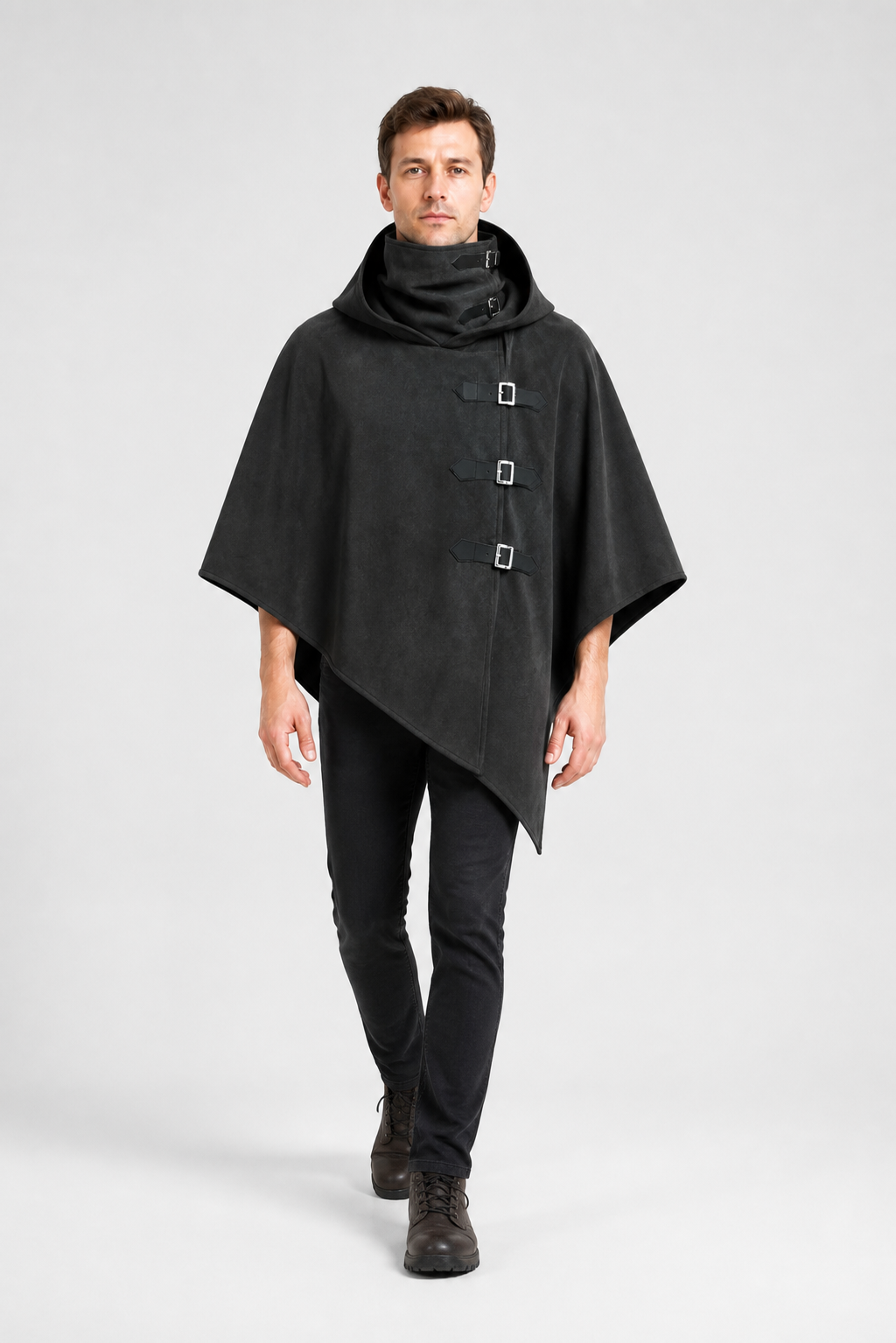 Black Hooded Cape with Buckles for Cosplay Costume Capes detail 2