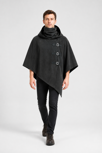 Black Hooded Cape with Buckles for Cosplay Costume Capes detail 2