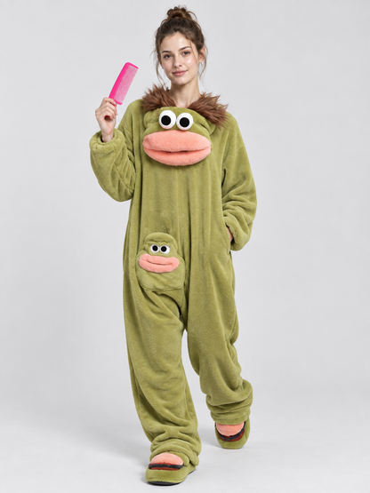 Olive Green Pajama Jumpsuit with Cartoon Design