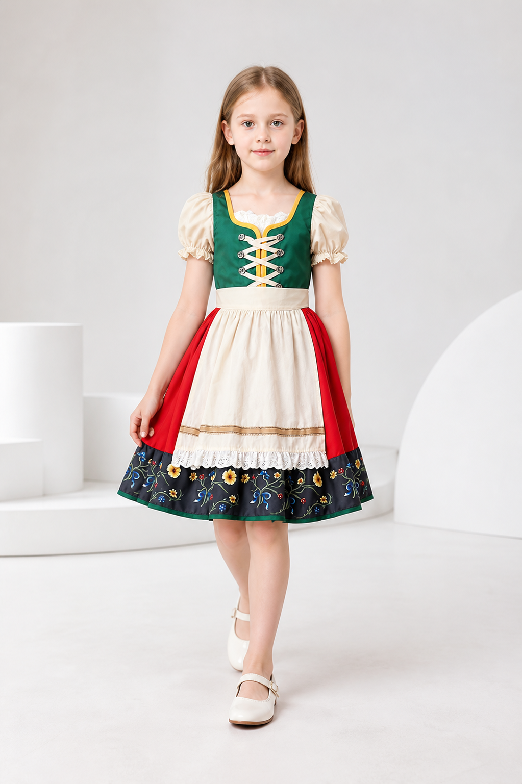 Children’s dirndl-style dress with apron and headscarf
