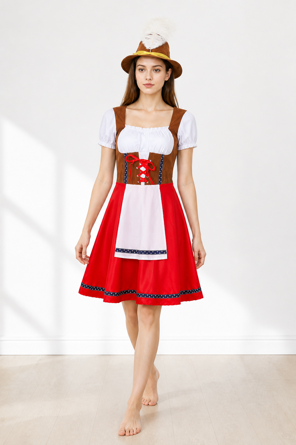 Bavarian Folk Costume with White Apron and Red Skirt Costumes detail 2