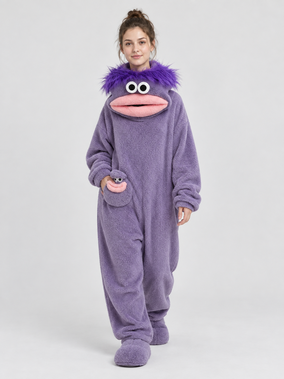 Insulated purple pajama jumpsuit with puffy eyes
