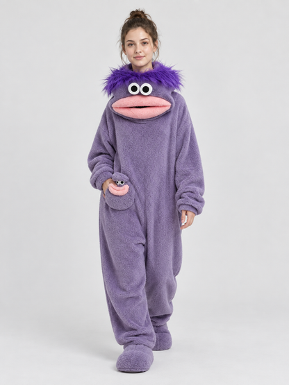 Insulated purple pajama jumpsuit with puffy eyes