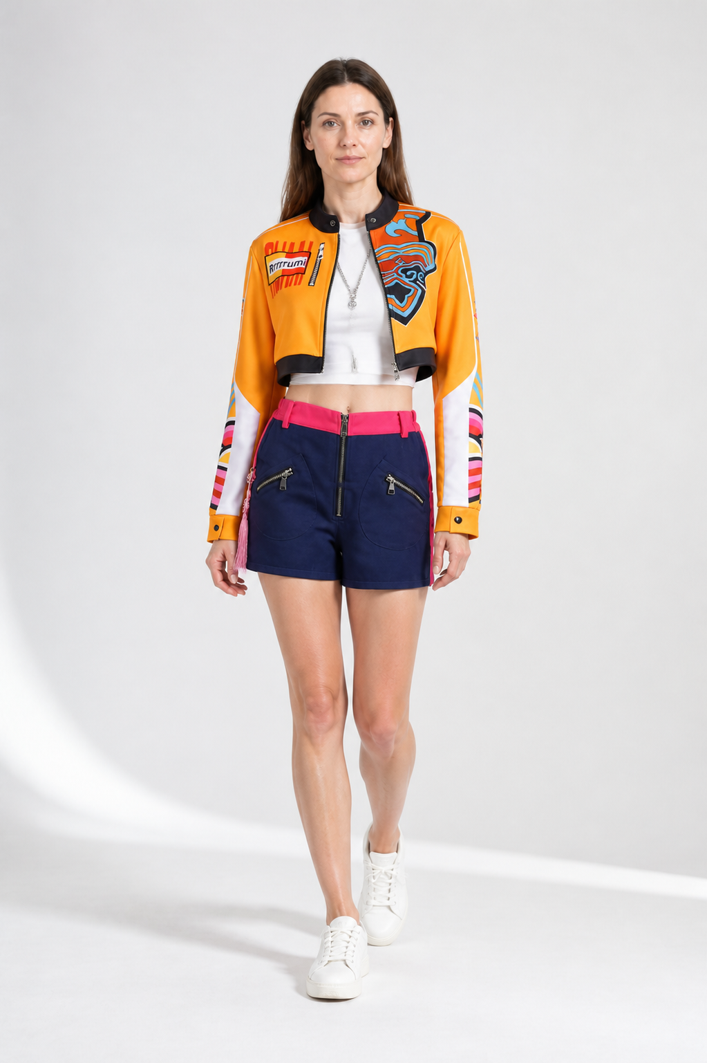 Rumi Cosplay Costume with Orange Jacket and Blue Shorts Costumes detail 2
