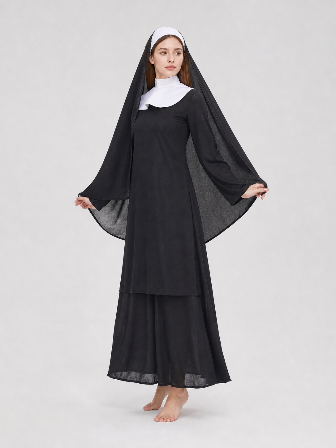 This nun costume is designed for an expressive themed look and is suitable for