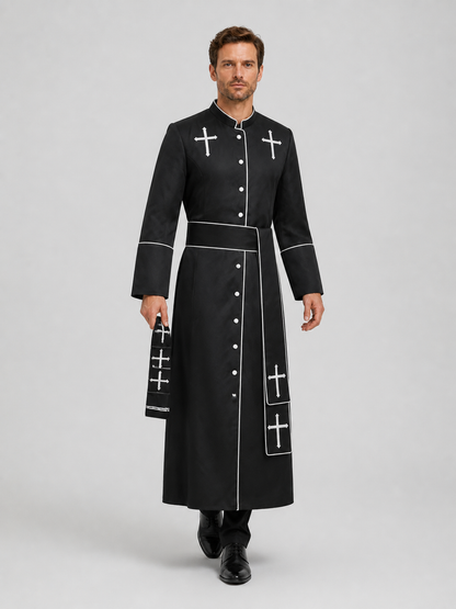 Long Black Cassock with a Cross for a Priest Costume Costumes detail