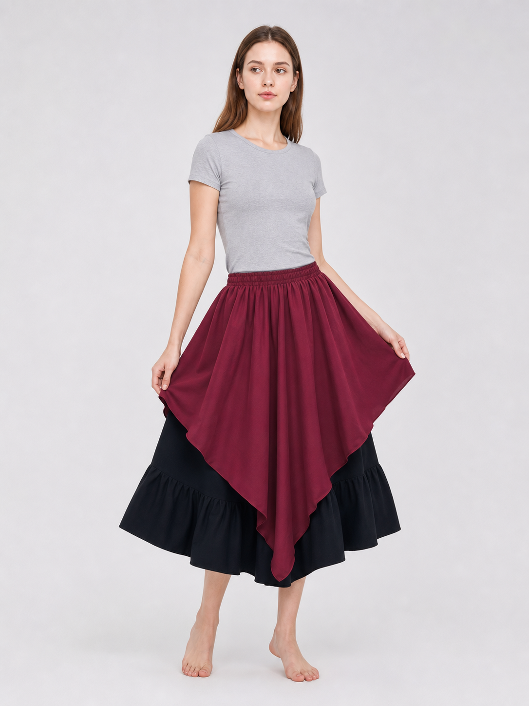 Multi-Tiered Burgundy-Black Skirt with an Asymmetrical Hem