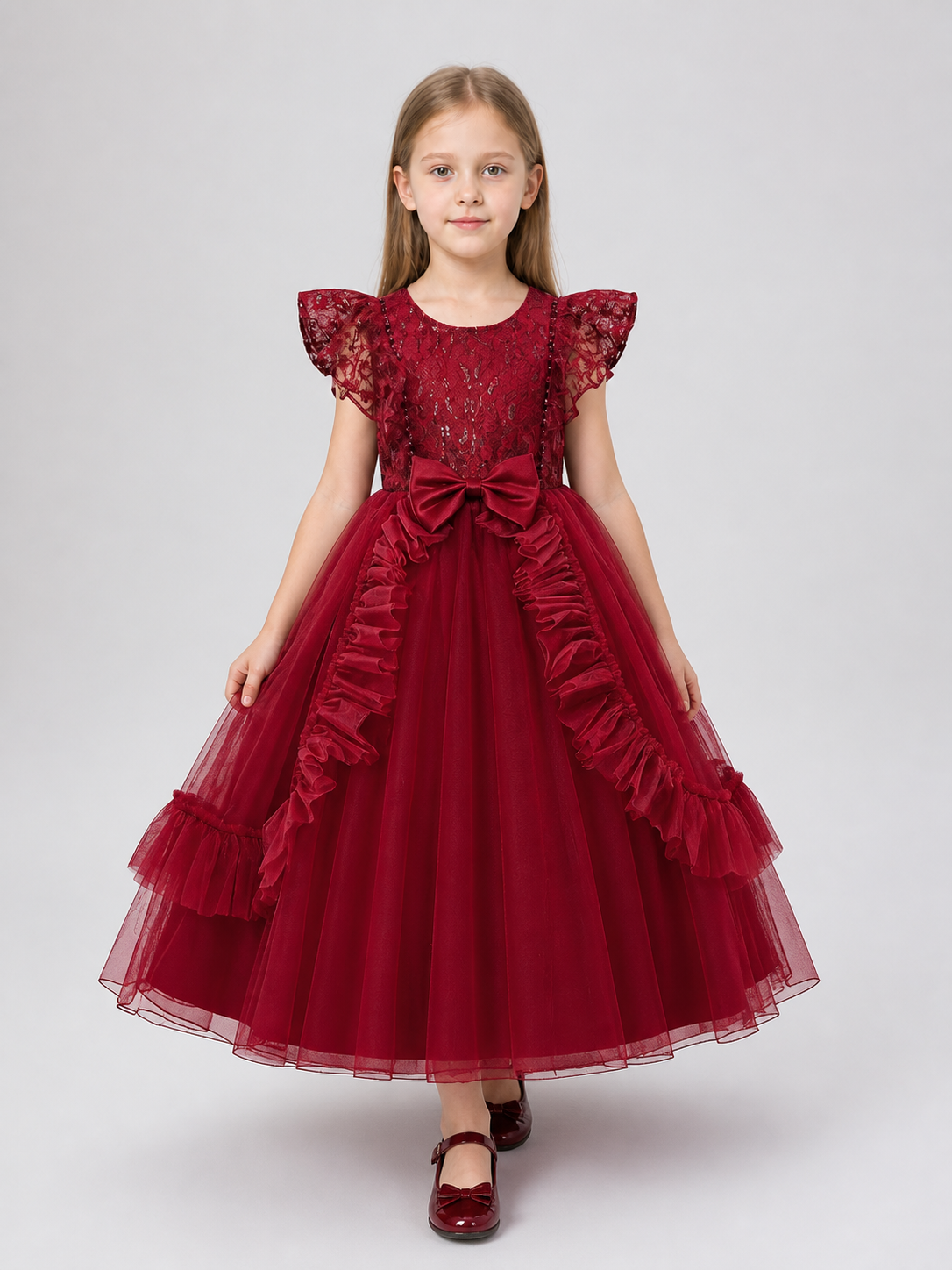 Long Burgundy Princess Dress with a Tulle Skirt Costume Dresses detail 2
