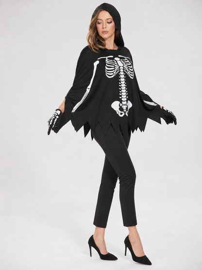 Black Hooded Cape with Skeleton Print Costume Capes detail