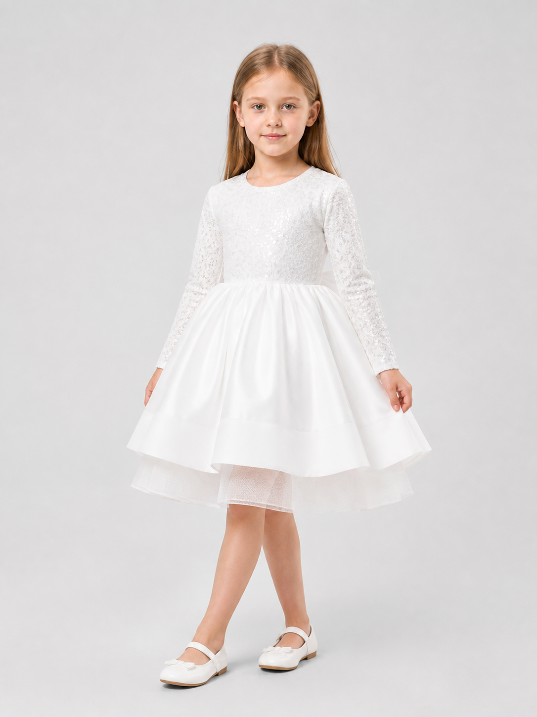 White Sequin Princess Dress for Girls with Long Sleeves Costume Dresses detail 2