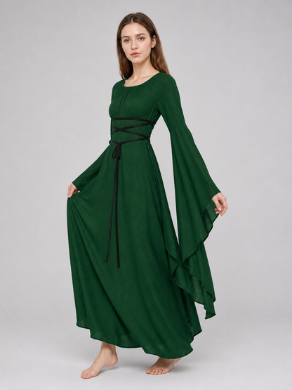 Floor-Length Dress with Sleeves and Waist Lacing