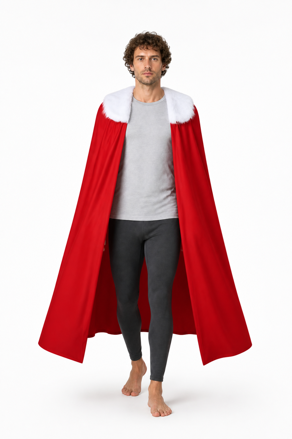 Long Red Cape with a White Fluffy Collar Costume Capes detail 2