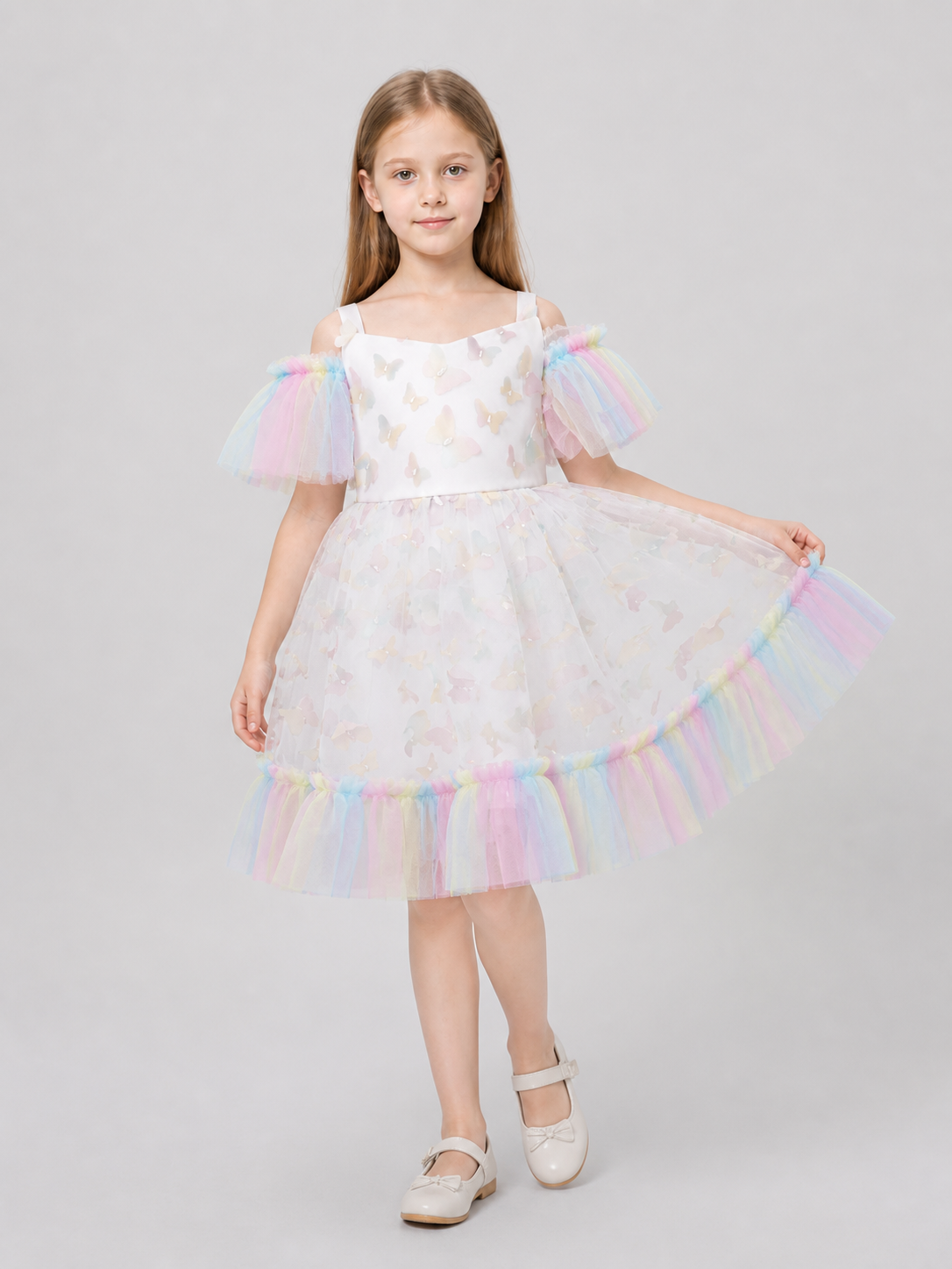 Dressy Children's Dress with Butterflies, Tulle, and a Full Skirt