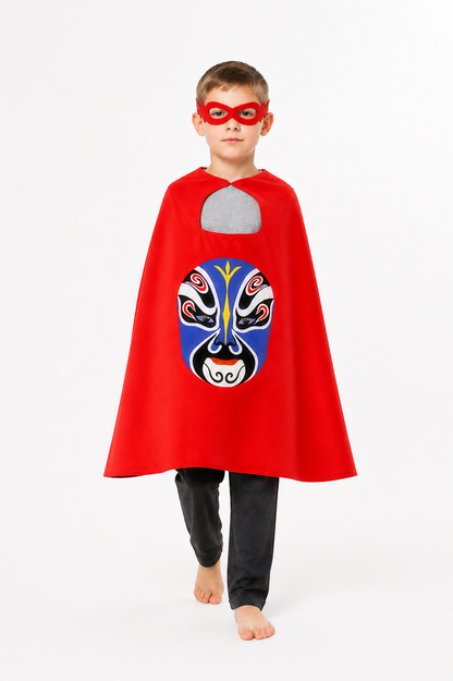 Children's Red Cape with Peking Opera Mask Costume Capes detail 2