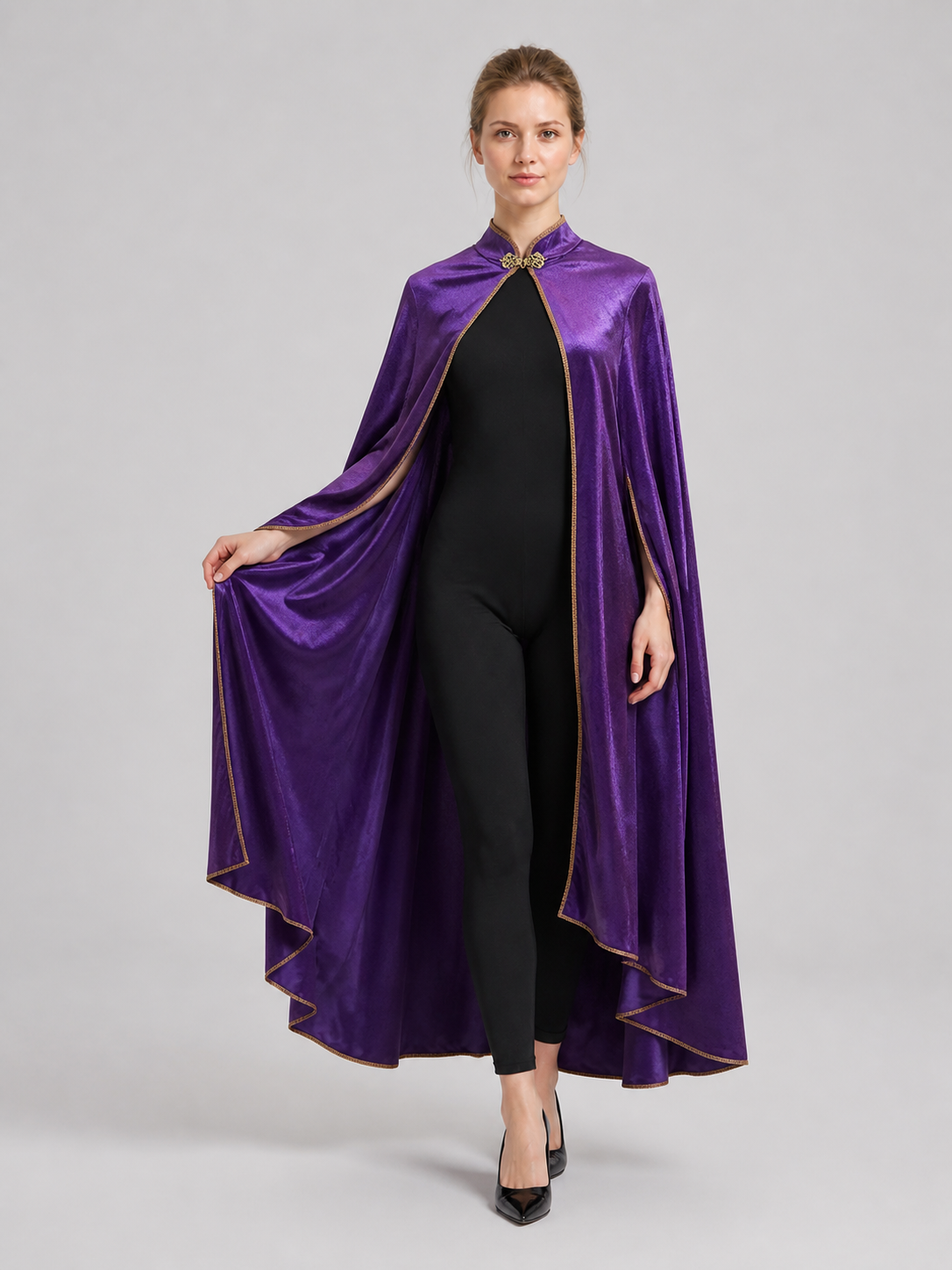 Long Purple Cape with Gold Trim Costume Capes detail 2