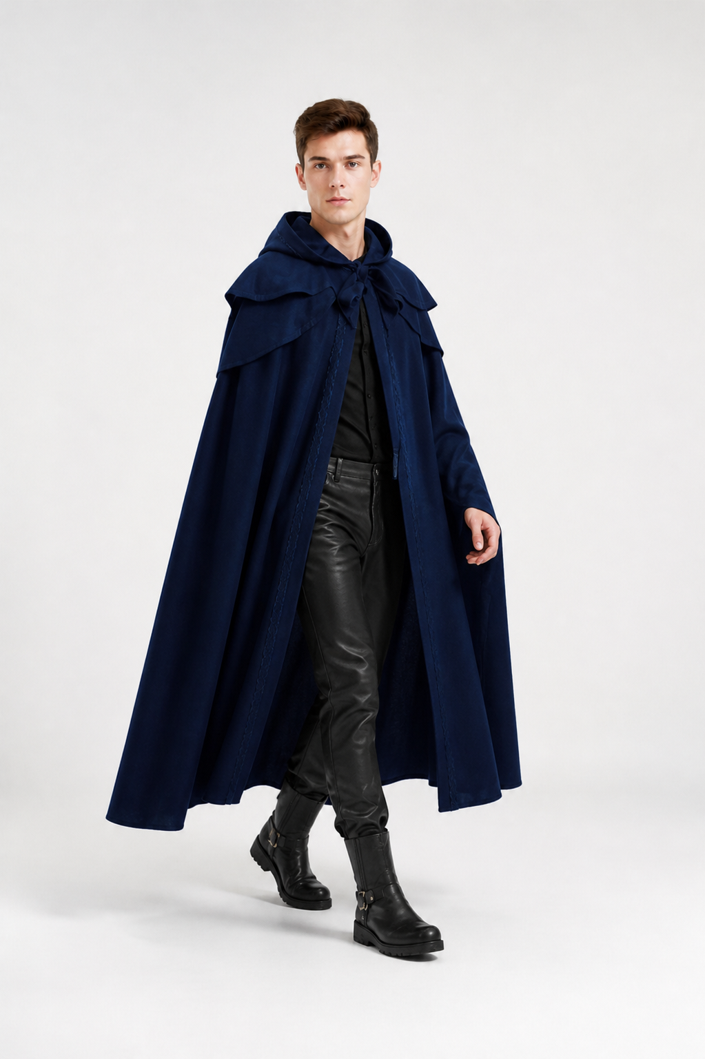 Hooded Cloak Cape with Ties, Blue Costume Capes detail 2