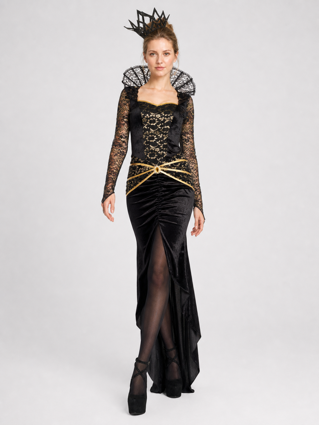 Black Dress with Lace Sleeves and Gold Pattern Costume Dresses detail 2