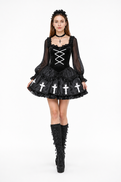 Gothic Dress with a White Cross and Layered Skirt Costume Dresses detail 2