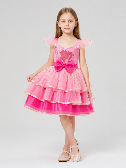 Pink Princess Dress with Layers, a Bow, and Tulle