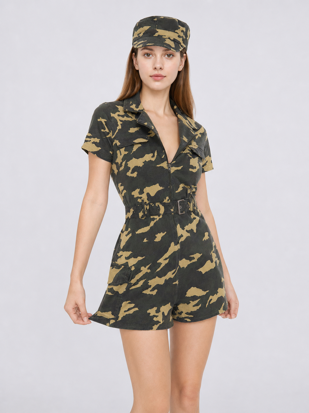 Camouflage Jumpsuit Costume with Cap and Belt