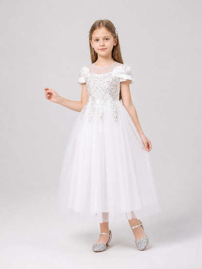 Girls' White Long Princess Dress with Sequins Costume Dresses detail 2