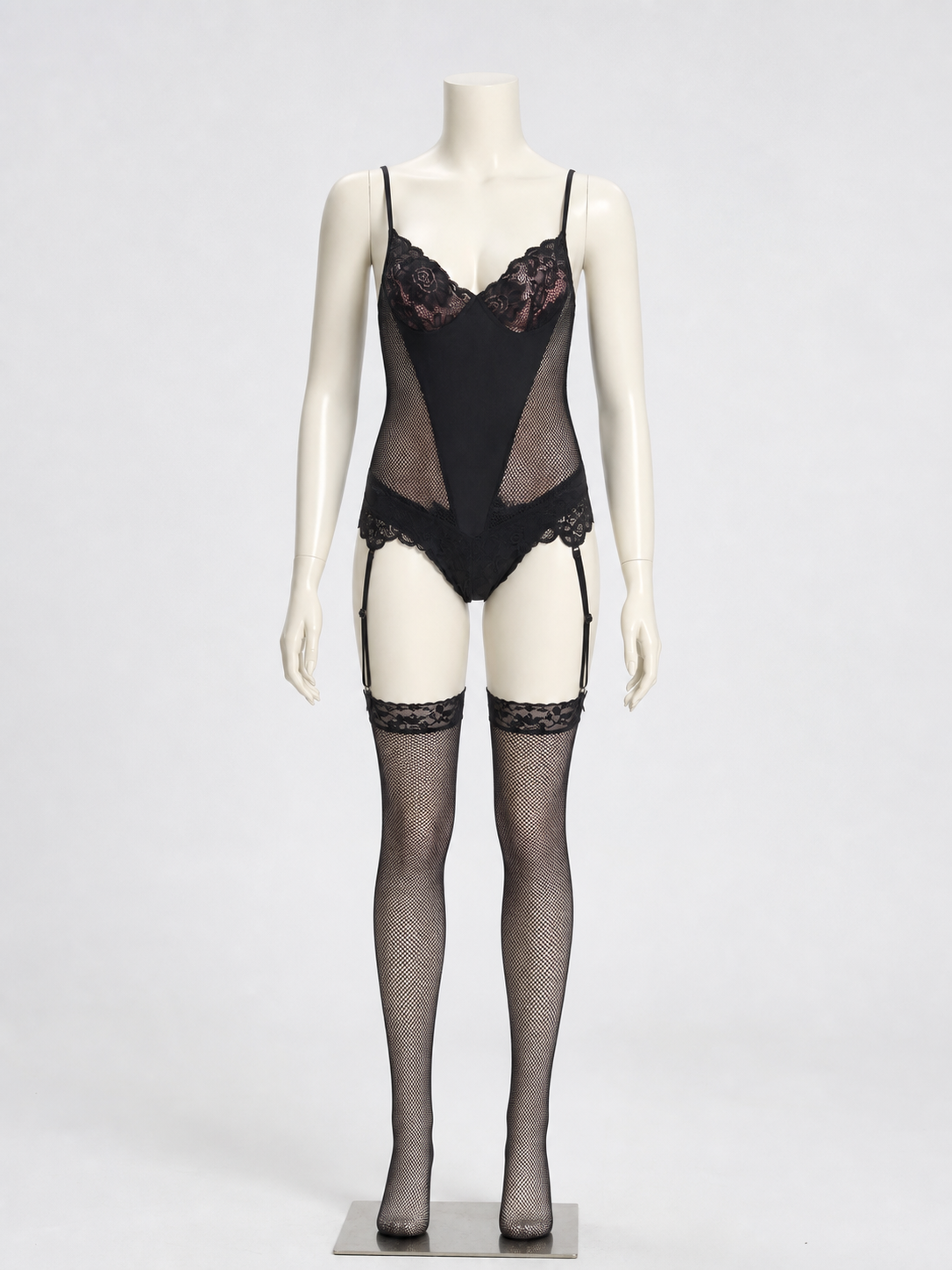 Black Lace and Mesh Bodysuit with Garters product detail 2