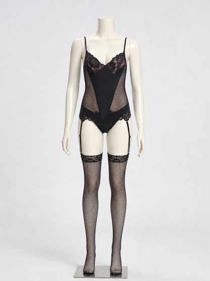 Black Lace and Mesh Bodysuit with Garters product detail 2