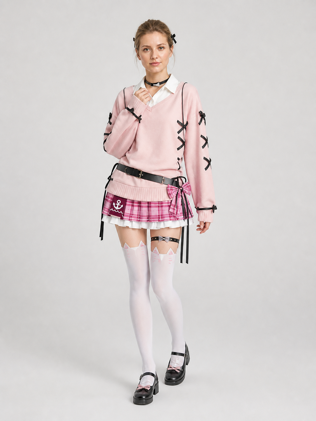 Aqua Cosplay: Pink Top, Plaid Skirt, Bows, Knee-High Socks Costumes detail