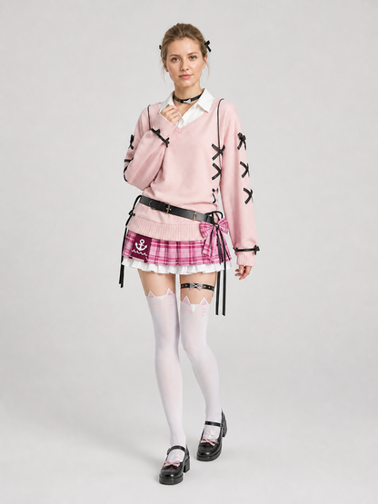 Aqua Cosplay: Pink Top, Plaid Skirt, Bows, Knee-High Socks Costumes detail