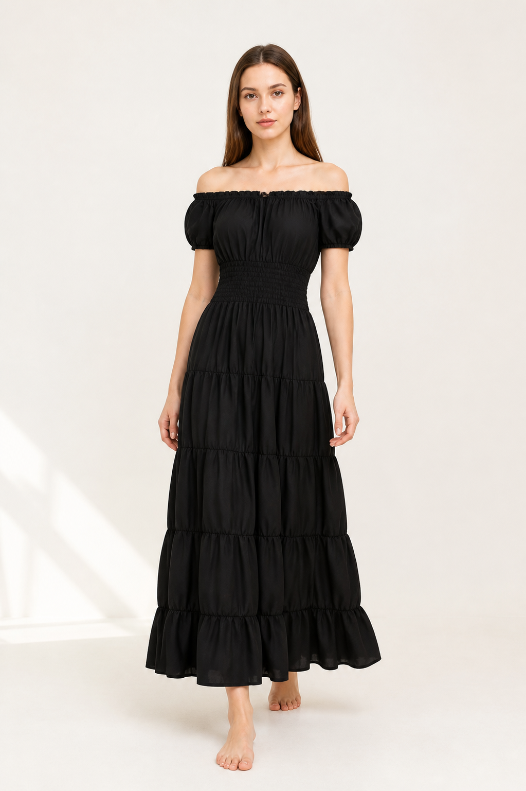 Black Off-the-Shoulder Dress with Tiered Skirt Costume Dresses detail 2