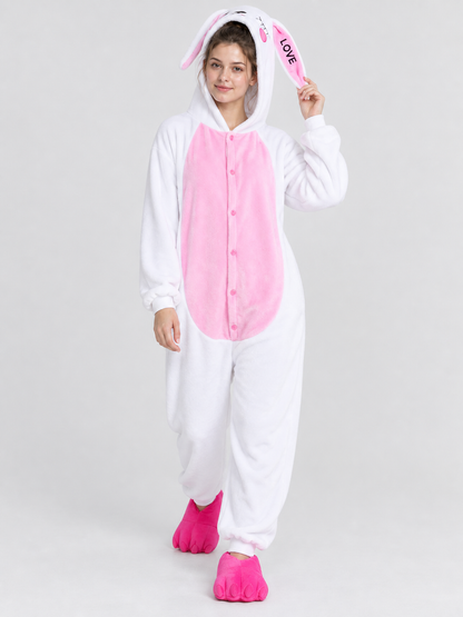 White and Pink Hooded Pajama Jumpsuit with Ears