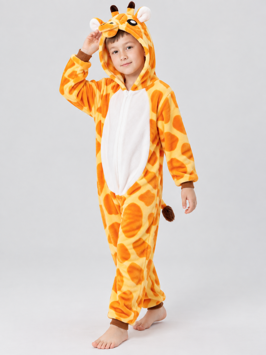 Orange Hooded Pajama Jumpsuit with Giraffe Face