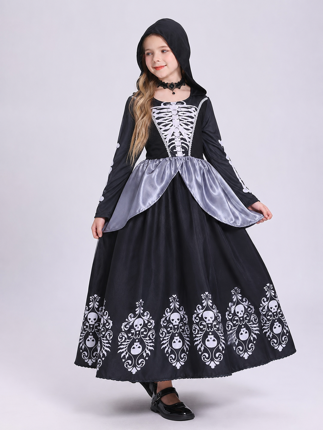 Hooded Cosplay Dress with Skeleton Print