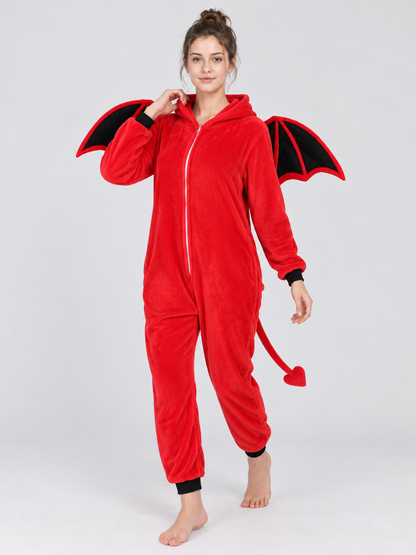 Red hooded jumpsuit pajama with wings and tail