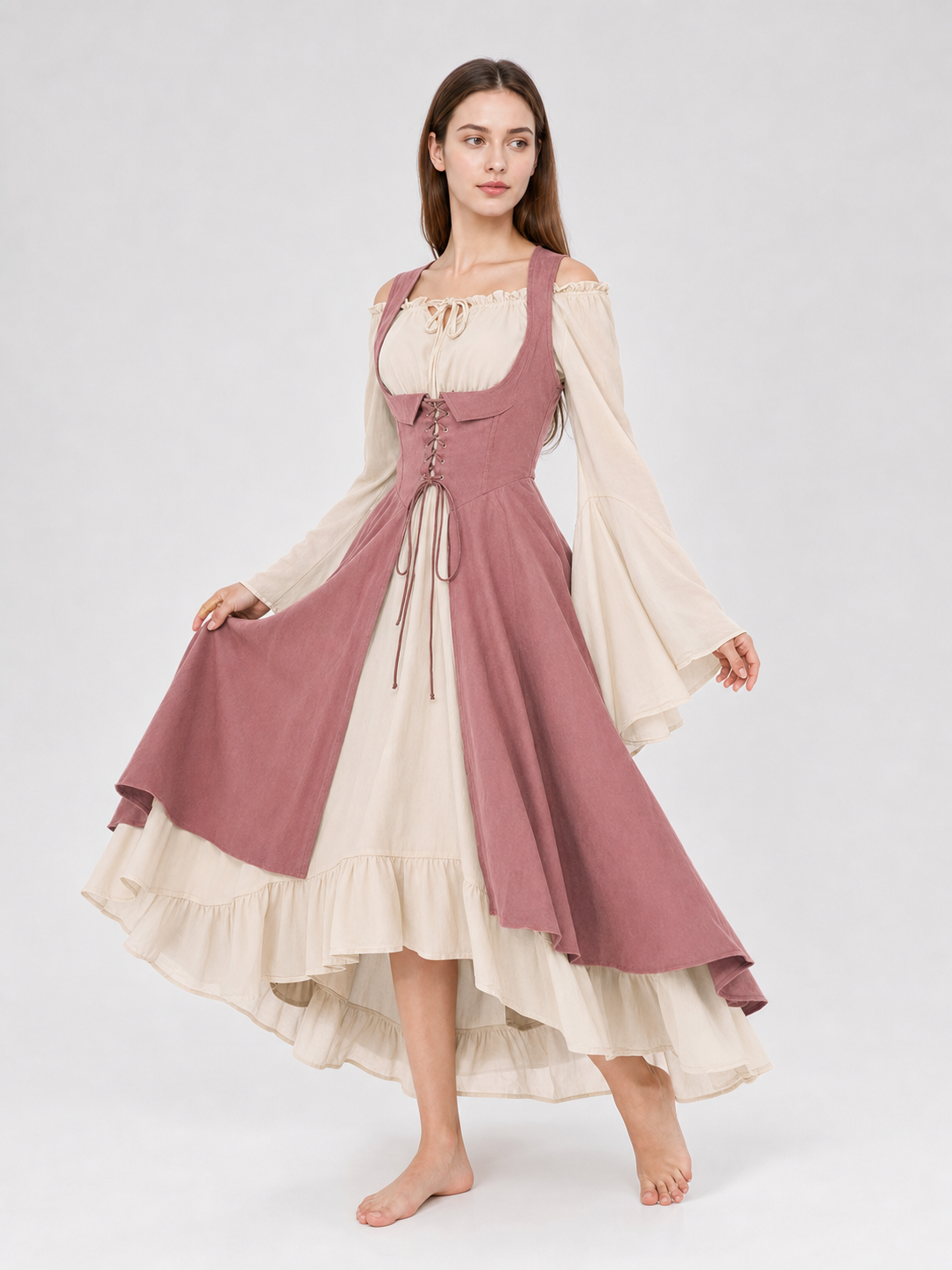 Renaissance-Style Dress with Corset and Ruffles