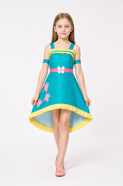 Turquoise cosplay dress with butterflies and ruffles